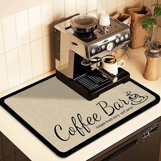 Coffee Mat for Countertops ,Coffee Bar Accessories Fit Under Coffee Maker Espresso Machine, Absorbent Hide Stain Rubber Mat for Countertop ,Dish Drying Mat for Kitchen Counter (D-Beige, 12"x19")