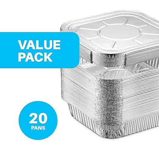 MontoPack 8” Disposable Aluminum Foil Square Baking Pans | 8 x 8 Cake Pan Tin for Broiling, Toaster Oven, Meal Prep, Roasting, Take Out | 20 Pack (8" X 8" With Lids)