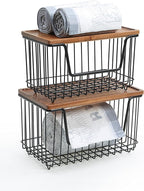 SunnyPoint Set of 2 Kitchen, Laundry & Pantry Storage Organizers – Stackable Bins with Acacia Wood Top, Large Trash Bag Holder & Standard Garbage Bag Dispenser (Acacia, BLK)