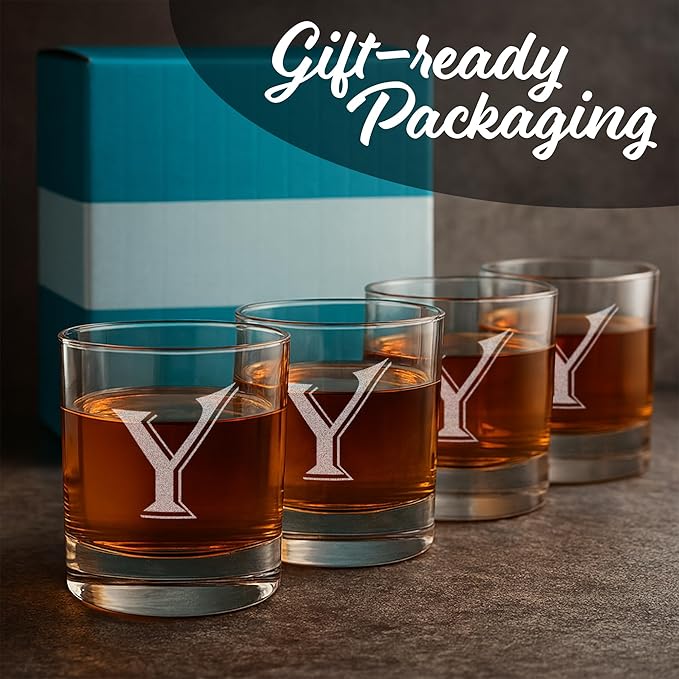 Monogrammed Gifts for Men - 4PC 11 Oz Custom Whiskey Glasses (Y-Monogram) - Engraved Whiskey Glasses - Personalized Whiskey Glasses - Unique Bourbon Glasses - Personalized Glass Gifts for Dad