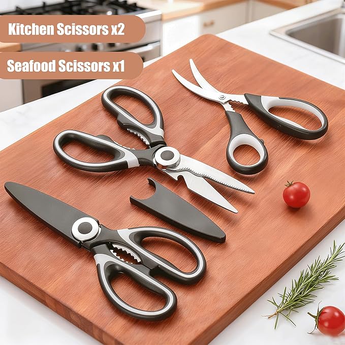 OMDAR Food Grade Kitchen Scissors All Purpose 3 Pack - Heavy Duty Stainless Steel Cooking Shears for Cutting Meat, Food, Fish, Poultry Sharp Sissors for Dishwasher Safe - with Protective Sheath