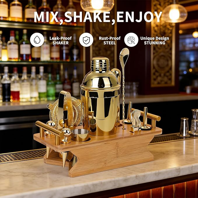 JNWINOG Cocktail Shaker Set Stainless Steel Bartending Kit 18.6oz Cocktail Bar Set Cocktail Mix Drink Making Kit Professional Bar and Home Drink Bar Tools for Bartender (Gold, 12Pcs-1)
