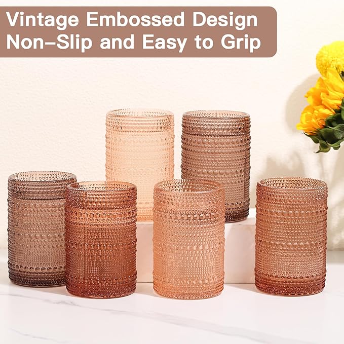 JOVGANK Venus Vintage Hobnail Drinking Glasses Set of 6, Water Tumbler 15oz, Kitchen & Bar Beaded Highball Glasses, Beverage Glass Cups for Water, Beer, Juice, New Year gifts