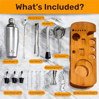 16 Piece Bartender Kit with Bamboo Stand | Cocktail Shaker Set Essential Bar Tools Wine Shaker Ice Filter Mixing Spoon Jigger Wine Dispenser
