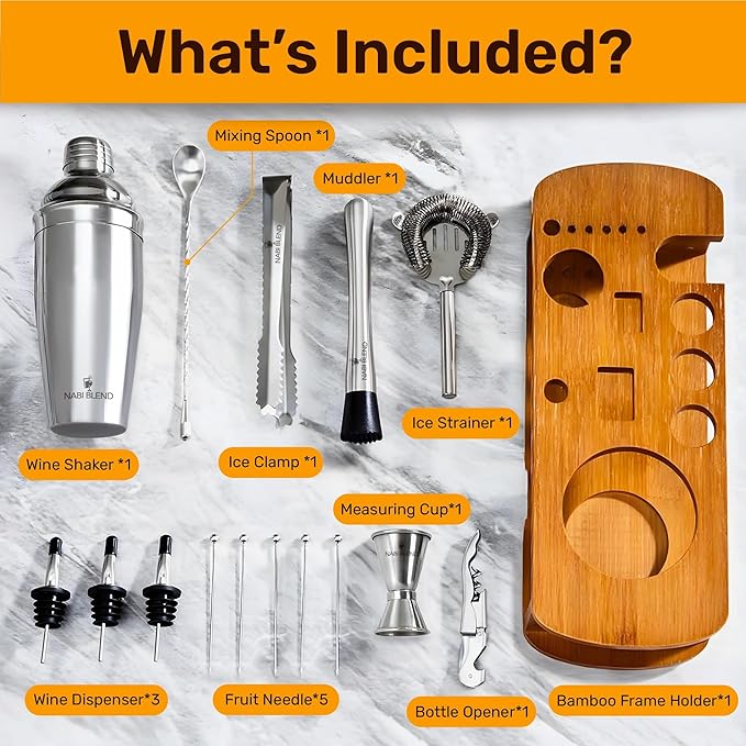 16 Piece Bartender Kit with Bamboo Stand | Cocktail Shaker Set Essential Bar Tools Wine Shaker Ice Filter Mixing Spoon Jigger Wine Dispenser