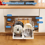 Mustorn Pots and Pans Organizer Under Cabinet, 21.6" Deep Pull Out Pot Lid Organizer Holder with Guardrail Adhesive Pot and Pan Holder Rack with 10 Adjustable Dividers-1 Pack(White)