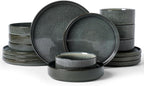 Famiware Star 16-Piece Stoneware Dinnerware Sets, Service for 4 - Shallow Pasta Bowls & Flat Plates, Modern Rustic Reactive Glaze Dishes, Chip/Scratch Resistant, Microwave/Dishwasher Safe, Deep Forest