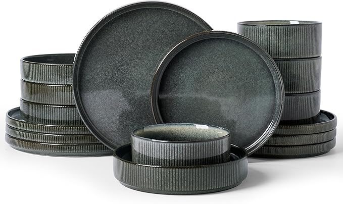 Famiware Star 16-Piece Stoneware Dinnerware Sets, Service for 4 - Shallow Pasta Bowls & Flat Plates, Modern Rustic Reactive Glaze Dishes, Chip/Scratch Resistant, Microwave/Dishwasher Safe, Deep Forest