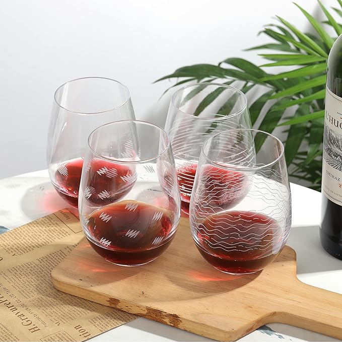 Joeyan Etched Stemless Wine Glasses,Hand Blown Drinking Glass Cups Wine Tumbler with Line Patterns,Carved Large Cocktail Whiskey Glasses,Gift for Party Wedding,4 Pack,17.5 oz,Dishwasher Safe
