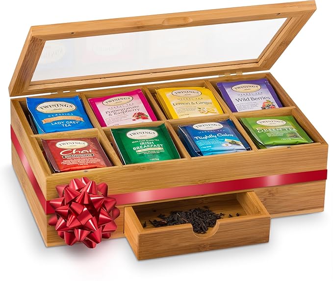 Bambüsi Tea Box Organizer with Drawer - 8 Compartment Bamboo Wooden Tea Storage Chest with Acrylic Window & Magnetic Lid - Tea Accessories & Gift Set for Women, Birthdays, House Warming Gifts New Home
