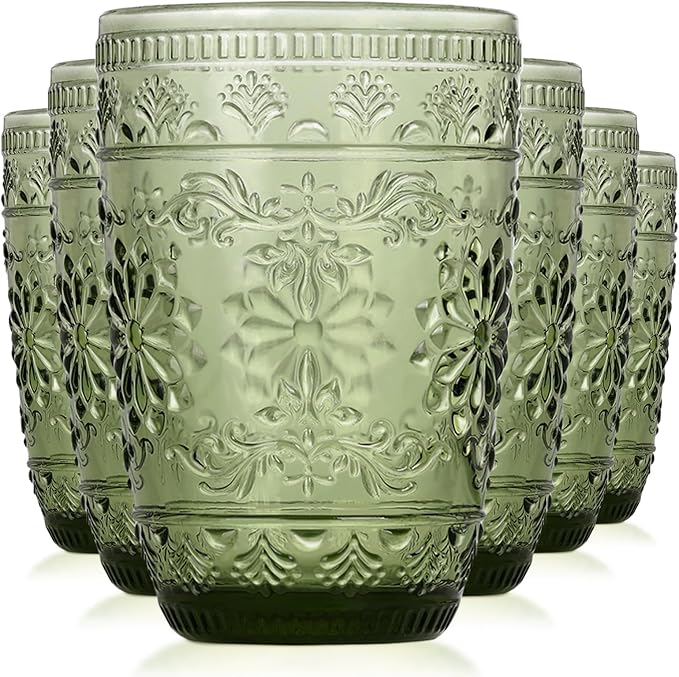abrwyy 6Pcs 14OZ Drinking Glasses, Green Drinking Glasses, Colored Glassware Drinking, Highball Beverage Glasses Cup, Vintage Glassware Set for Water, Juice, Cocktail, Coffee