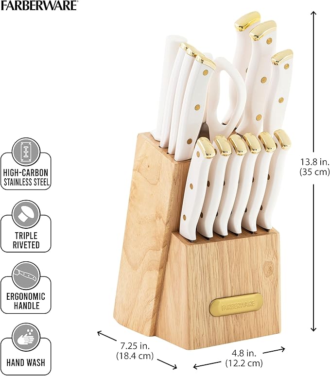 FARBERWARE 15-Piece Knife Block Set, Triple-Riveted High-Carbon Stainless Steel Kitchen Knives, Razor Sharp Blades, Wood Storage Block, White/gold