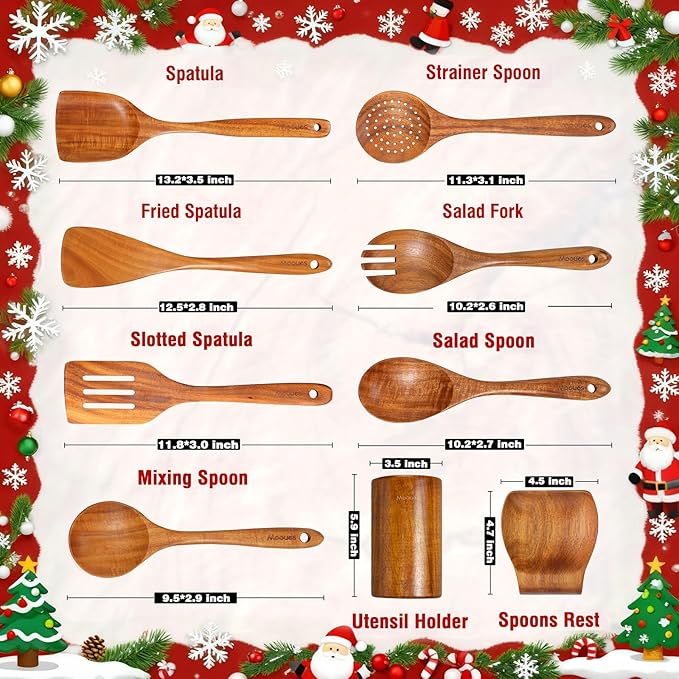 Mooues Wooden Spoons for Cooking, Wooden Utensils for Cooking Natural Teak Wooden Kitchen Utensils Set Comfort Grip(9 PCS Xmas Gift)