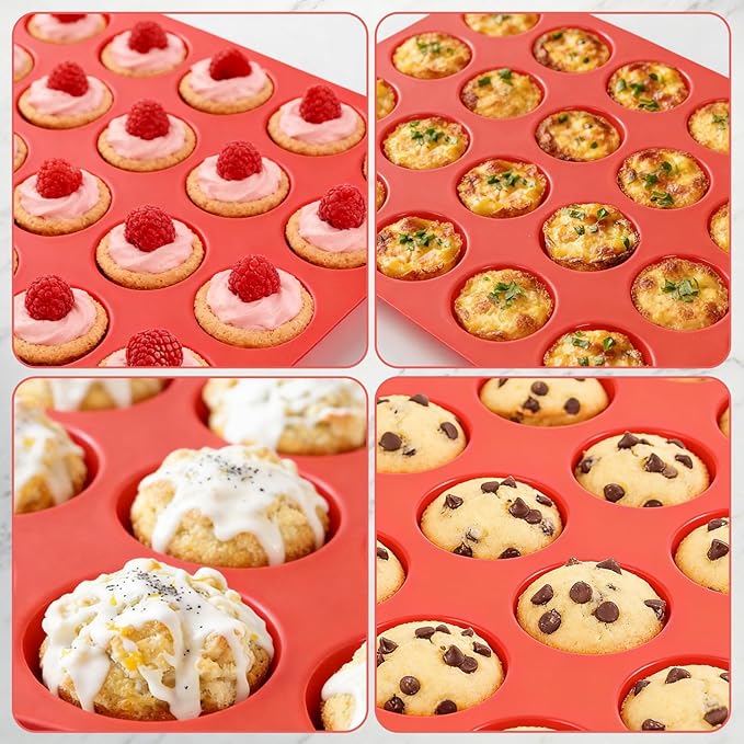 CAKETIME Silicone Muffin Pan Mini 24 Cups Cupcake Pan, Nonstick Food Grade Silicone Mold Baking Pan 1 Pack