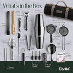 Barillio Bartender Kit Bag with Black Cocktail Shaker Set - Waxed Canvas, Traveling Bar Tools Bag with 17-Pc Cocktail Kit - Travel Mixology Bartending Kits - Mobile Bar Roll with Strap & Accessories