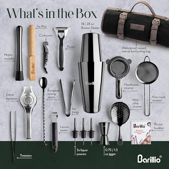 Barillio Bartender Kit Bag with Black Cocktail Shaker Set - Waxed Canvas, Traveling Bar Tools Bag with 17-Pc Cocktail Kit - Travel Mixology Bartending Kits - Mobile Bar Roll with Strap & Accessories