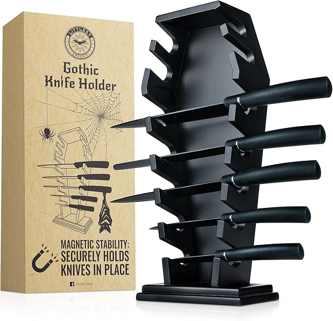 Coffin knife holder has 14 Magnets for 7 knives- Gothic Kitchen Decor and Goth Kitchen Accessories, Gothic Knife Holder, Halloween Knife Holder for Goth Kitchen, Littlesy （Without Knives）