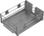 Simple Houseware Dish Drying Rack with Drainboard, Utensil Holder & Mug Hooks, Silver Metal Kitchen Counter Organizer