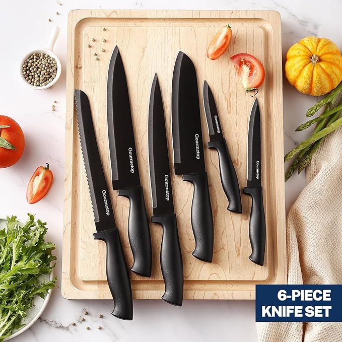 Gourmetop Kitchen Knife Set with No Drilling Magnetic Strip for Kitchen Black Titanium Small Cooking Knives, Sharp Stainless Steel Chef Knife Set for Cutting Meat & Vegetable