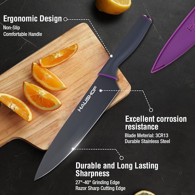 HAUSHOF Kitchen Knife Set, 12-Piece Knives Set with 6 colorful Sheaths, Non-Stick Coated Stainless Steel Blades for Slicing, Dicing&Cutting, Gifts Knife Set for Dad, Mom, Husband and Wife