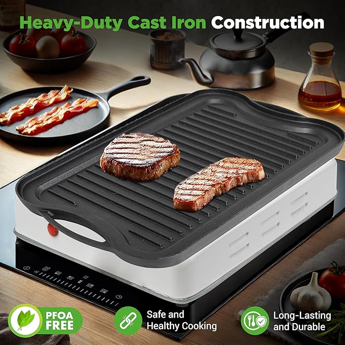 NutriChef Reversible Cast Iron Griddle Pan for Stove Top Cooking, Heavy Duty Nonstick Grill Plate with Flat & Ribbed Sides, Works as Flat Top Grill or Griddle for Gas Grill, Includes Scraper Tool