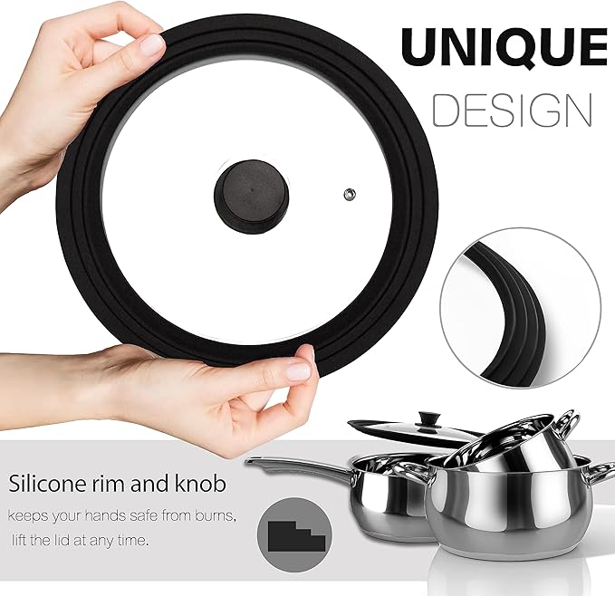 Lerykin Tempered Glass Lid Set of 2 - Universal Lids with Heat Resistant Silicone Rim for Pots, Pans and Skillets - Pan Cover Replacement Lids Fit 7", 8" & 9" and 10", 11" & 12" Diameter Cookware