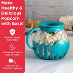 Ecolution Patented Micro-Pop Microwave Popcorn Popper with Temperature Safe Glass, 3-in-1 Lid Measures Kernels and Melts Butter, Made Without BPA, Dishwasher Safe, 3-Quart, Teal