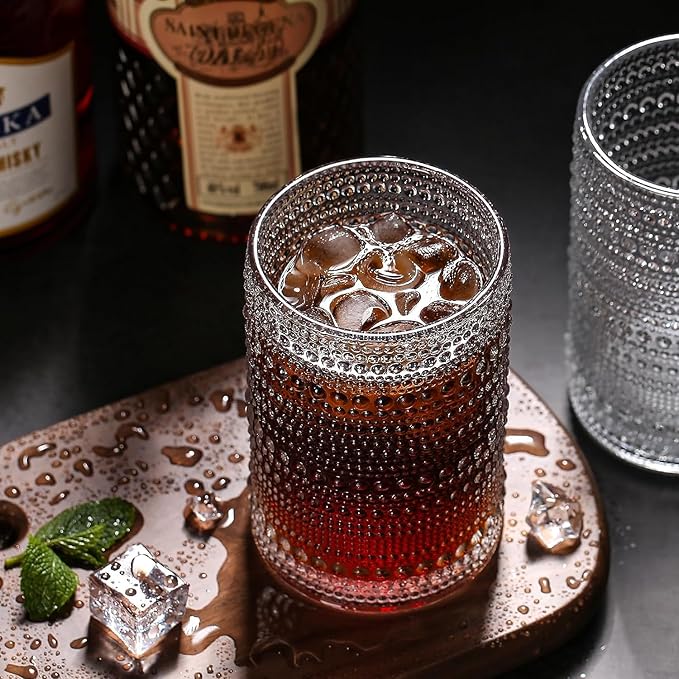 Dingerjar Hobnail Drinking Glasses set of 6（13 oz） Hobnail Water KItchen Glassware, Embossed Vintage Juice Glasses Tall Bar Drinkware