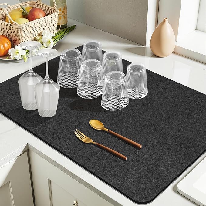 Findosom Dish Drying Mat, 17"x 32" Super Absorbent & Hide Stain Coffee Mat, Cuttable Drying Mat for Kitchen Counter, Coffee Bar Accessories, Under Dish Rack, Coffee Maker, Espresso Machine, Black-2