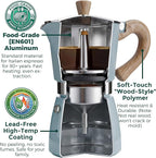 AGOGO Milano Moka Pot Stovetop Espresso Maker with 100 Paper Filters for Sediment-Free Coffee, Classic Italian Greca with Wood-Grain Handle,Cleaning Brush & Towel 6 Cup (10oz / 300ml) Lake Blue
