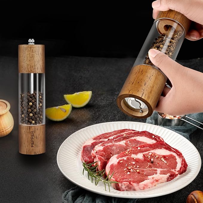 Premium Acrylic Salt and Pepper Shakers, 2Pack Manual Salt and Pepper Grinder Set with Base, Wooden Refillable Pepper Grinder with Adjustable Ceramic Core - 8 Inches