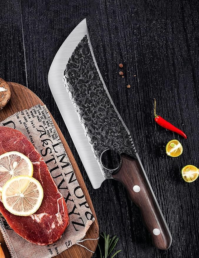DRGSKL Hand Forged Meat Cleaver Knife Fathers Butcher Knives for Meat Cutting Full Tang Chef Knife with Belt Sheath and Gift Box High Carbon Steel for Kitchen or Camping, Gift for Dad