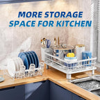 GAOKASE Dish Drying Rack, Stainless Steel-Dish Rack, Dish Racks for Kitchen Counter, Kitchen Dish Drainers with Removable Utensil Holder,New Drain Outlet,Plate Rack and Drainboard (White 3)
