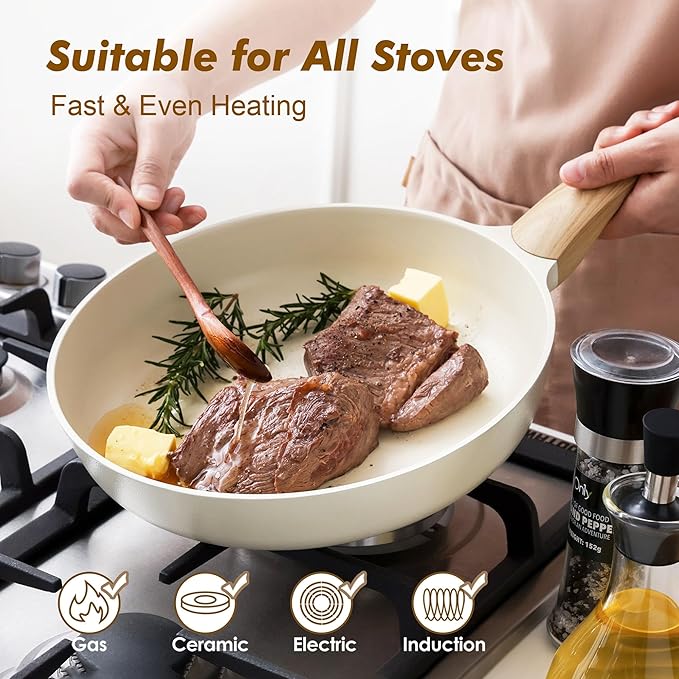 SENSARTE Ceramic Nonstick Frying Pan Small Skillet 8/9.5/11/12.5Inch Non Stick Omelet Pan, Non-toxic Kitchen Cooking Chef's Pan, Free of Intentionally Added PFOA/PFAS/PTFE, Induction Compatible, White