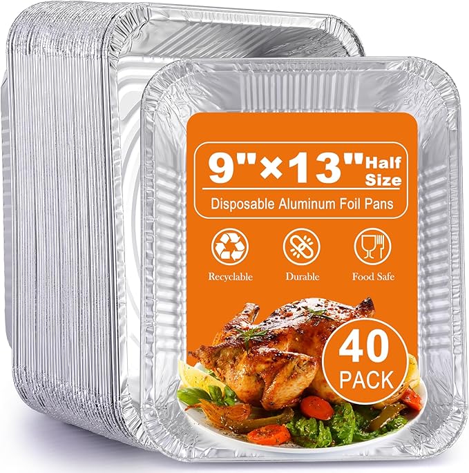 40 Pack Aluminum Foil Pans 9x13 Disposable – Half Size Tin oil Heavy Duty Deep Steam Table Pan, Aluminum foil Sheets Tray Chafing Grill Accessories for Cooking, Baking, Storing, Food Prepping