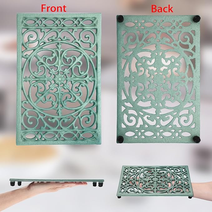 Sumnacon 9.6 x 6.3 Inch Cast Iron Trivet, 2 Pack Metal Trivets with Rubber Feets,Iron Trivet for Hot Dish Pot Pan Plate Teapot,Heat Resistant Trivets Cast Iron for Kitchen Cooktop Dining Table, Green