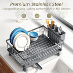SNTD Dish Drying Rack - Small Dish Rack for Kitchen Counter, Stainless Steel Dish Drainer with Utensil Holder and Drainboard, 11" W x 15" L (Grey)