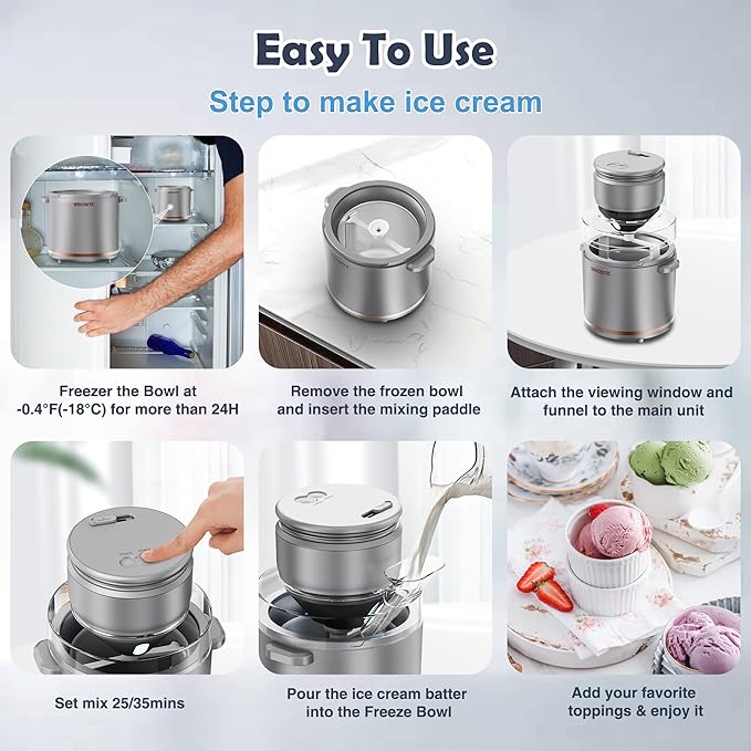 BRIOBITE 1.1 Quart Ice Cream Maker – Electric Ice Cream Machine for Gelato, Milkshakes & Sorbet,Perfect for 2-3 Servings, Easy to Use & Clean,Silver