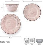 Pfaltzgraff Pink Trellis 12-Piece Dinnerware Set, Stoneware Plates and Bowls Sets for 4, Dishwasher and Microwave Safe, Rustic Garden-Inspired Design