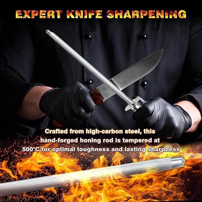 Knife Sharpener Rod, Kitchen Knives Sharpener Carbon Steel Professional Knife Sharpening Steel, Honing Rod with Hanging Holes (13 inches), B