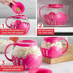 Ecolution Patented Micro-Pop Microwave Popcorn Popper with Temperature Safe Glass, 3-in-1 Lid Measures Kernels and Melts Butter, Made Without BPA, Dishwasher Safe, 3-Quart, Hot Pink