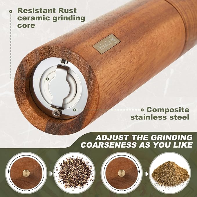 Wooden Salt and Pepper Grinder Set 10 Inch Manual Salt and Pepper Mill with Tray Adjustable Coarseness Refillable Wood Grinders with Gold Bottle Label for Kitchen(Wood Color)