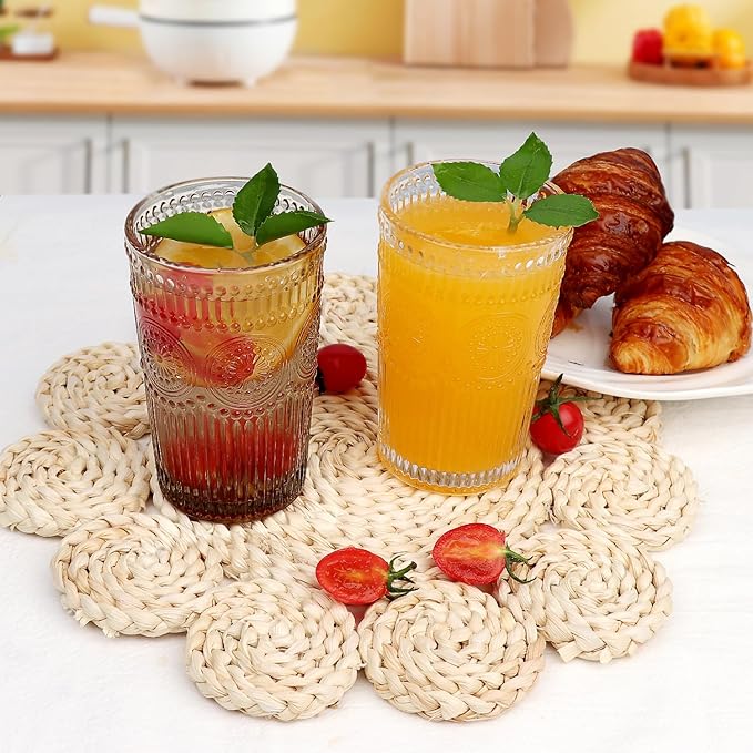 Loivttvv 6pcs Vintage Drinking Glasses Set, 12 oz Tawny Highball Glasses, Embossed Ribbed Glassware Cups for Cocktail, Water, Juice, Coffee, Whiskey