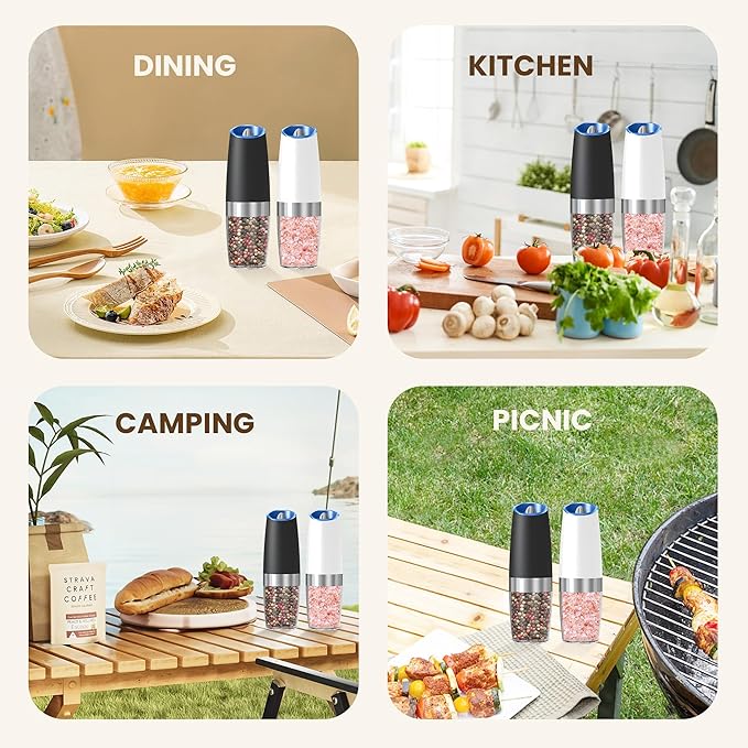 Gravity Electric Salt And Pepper Grinder Set, Automatic Salt And Pepper Grinder Set, Battery Powered (6 AAA Batteries Each), Adjustable Roughness, LED Light, 2 Pack, (Black+White)