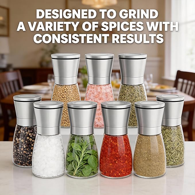 Gorgeous Salt & Pepper Grinder Set — Refillable Stainless Steel & Glass Spice Mill with Adjustable Coarseness — Perfect For Himalayan Or Sea Salts, Fresh Ground Pepper, Or Fresh Spices (1 Pack)