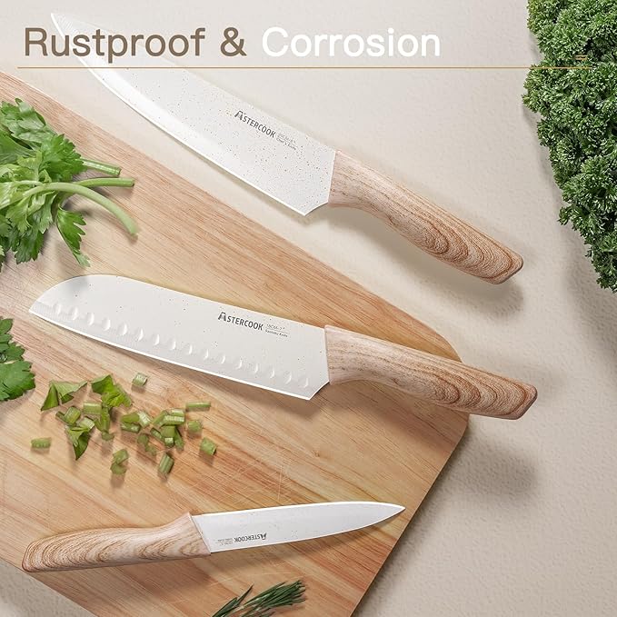 Astercook Knife Set, 13 Pieces Kitchen Knives Set with Ceramic Coating, Stainless Steel Chef Knife Sets with 6 Blade Guards, Dishwasher Safe Knives with Wooden Handle, White