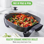 GreenLife 12" 5QT Square Electric Skillet, Glass Vented Lid, Ceramic PFAS-Free Nonstick Coated Interior, Adjustable Temperature Control, Cool Touch Handles, Quick Even Heating, Scratch Resistant,Black