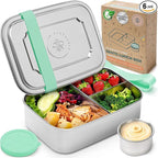Everusely - Bento Box - Green, 47oz / 1.4 L - Large Stainless Steel Lunch Box with Leakproof Condiment Container - 3 Compartment Snack Organizer for On the Go Meals - Freezer & Dishwasher Safe