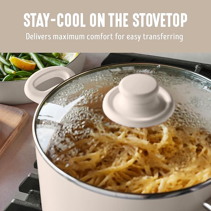 GreenLife 6QT Ceramic Nonstick Stockpot with Glass Straining Lid, PFAS-Free, Dishwasher Safe, Stay-Cool Handles, Oven Safe to 350°F, Wobble-Free Base, Even Heating, Taupe