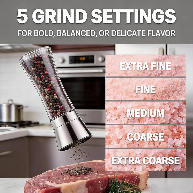 Gorgeous Salt & Pepper Grinder Set — Refillable Stainless Steel & Glass Spice Mill with Adjustable Coarseness — Perfect For Himalayan Or Sea Salts, Fresh Ground Pepper, Or Fresh Spices (1 Pack)